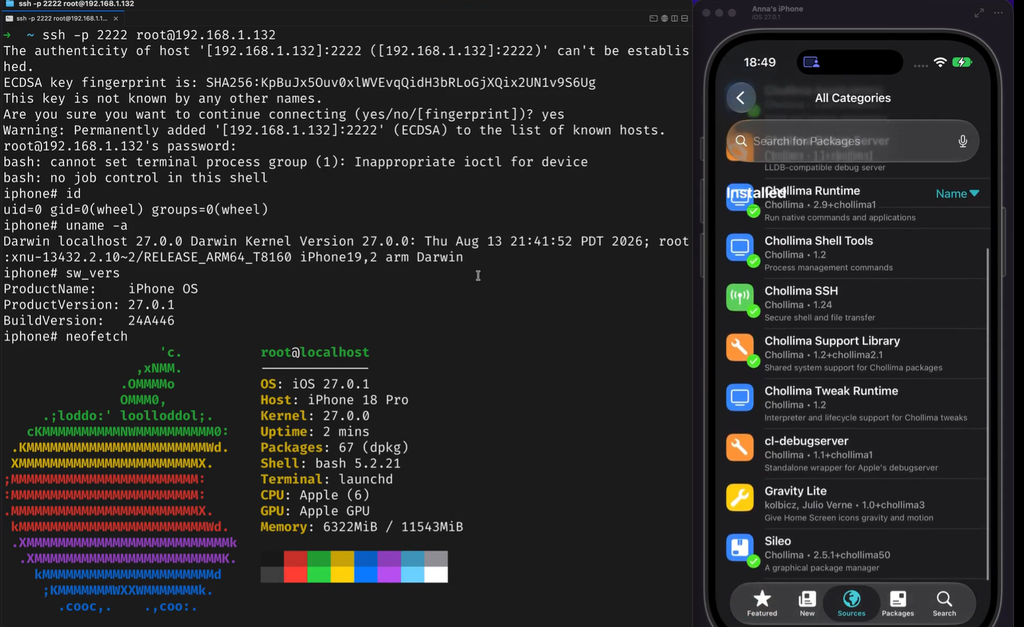 Untethered iOS 27.0.1 Jailbreak Demonstrated on iPhone 18 Pro by Calif image